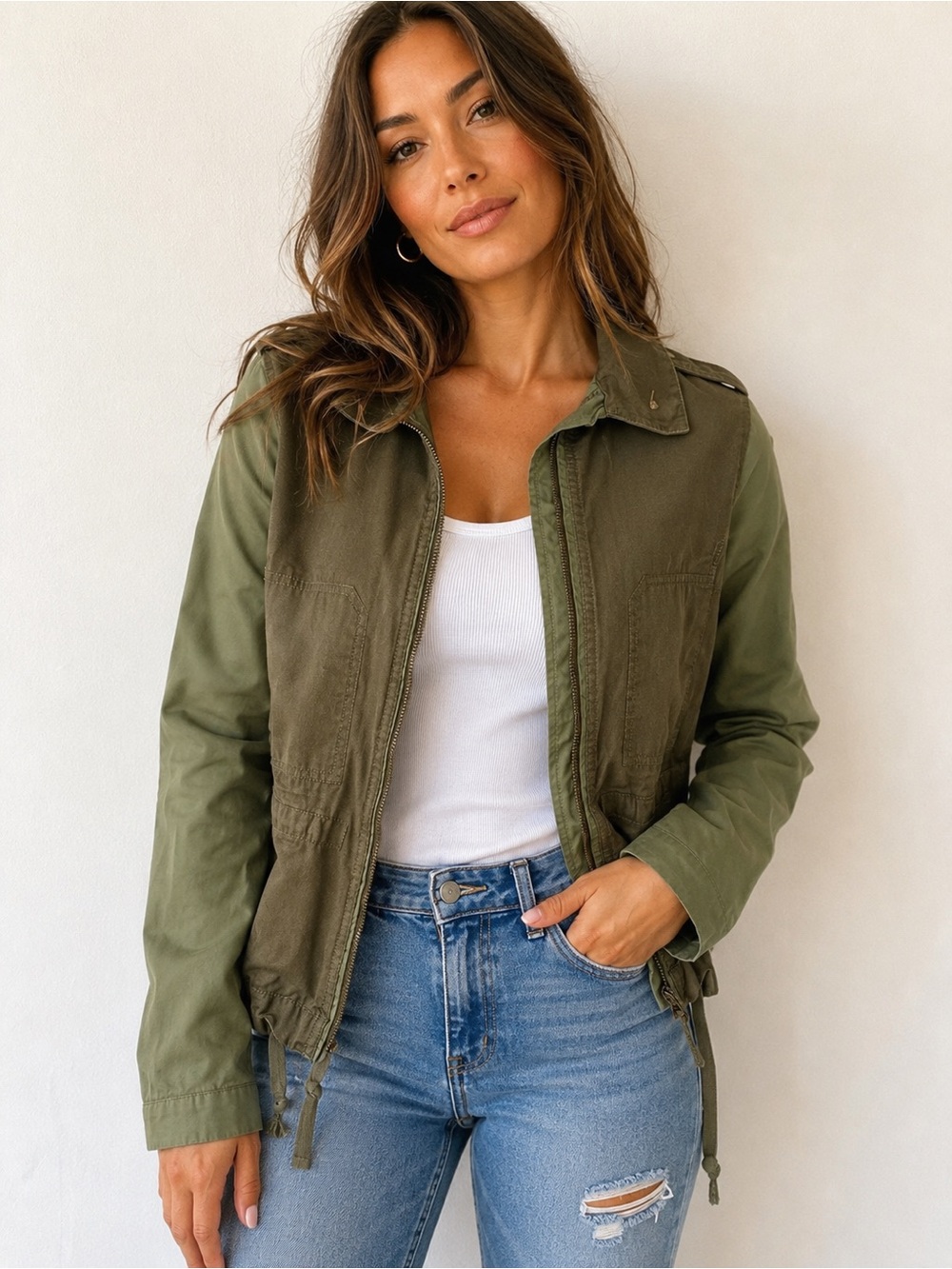 Olive Green Military Utility Jacket – Casual Boho Style Size M